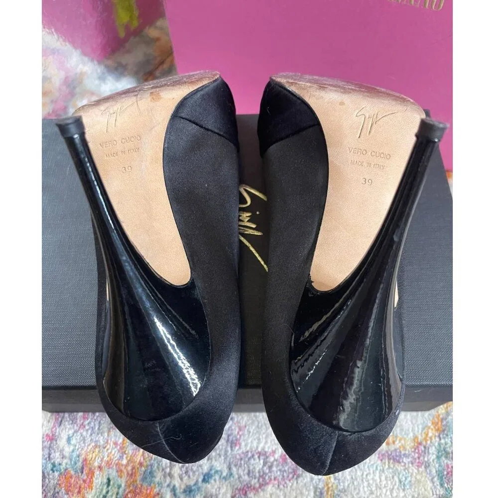 Giuseppe Zanotti 8.5 Black Satin JEWELED CRYSTAL PLATFORM Peeptoe Heels Pumps - Picture 6 of 6